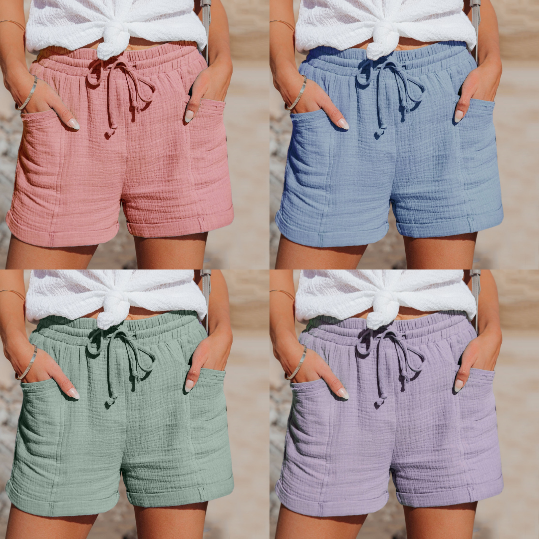 Cotton drawstring shorts with elastic waist in pink, blue, green, purple