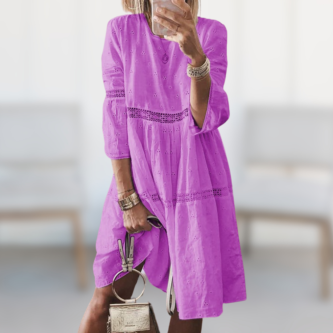 Anneke™ elegant purple midi dress with three-quarter sleeves and lace-trim tiers