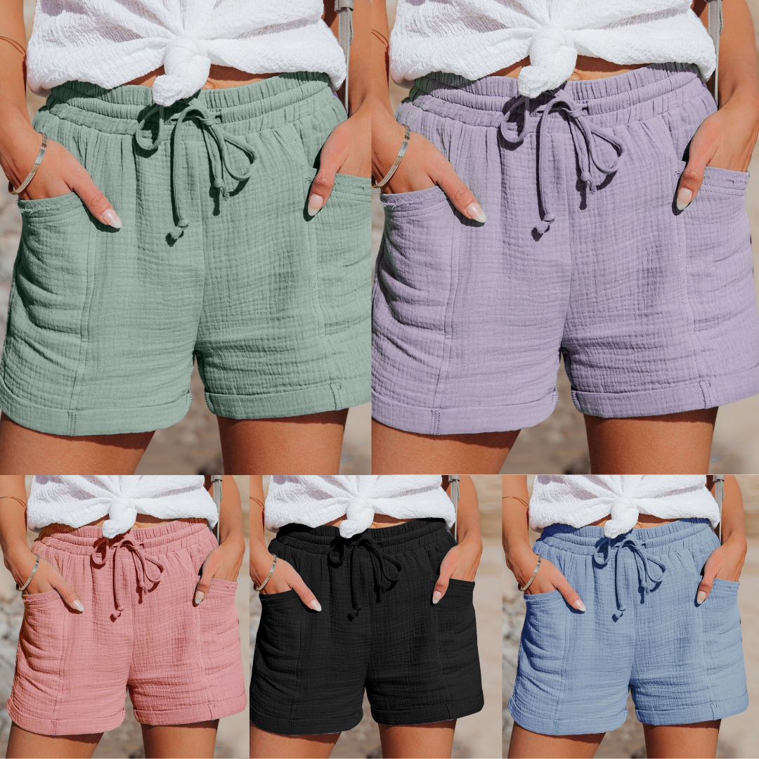 Cotton drawstring shorts with elastic waist in assorted colors