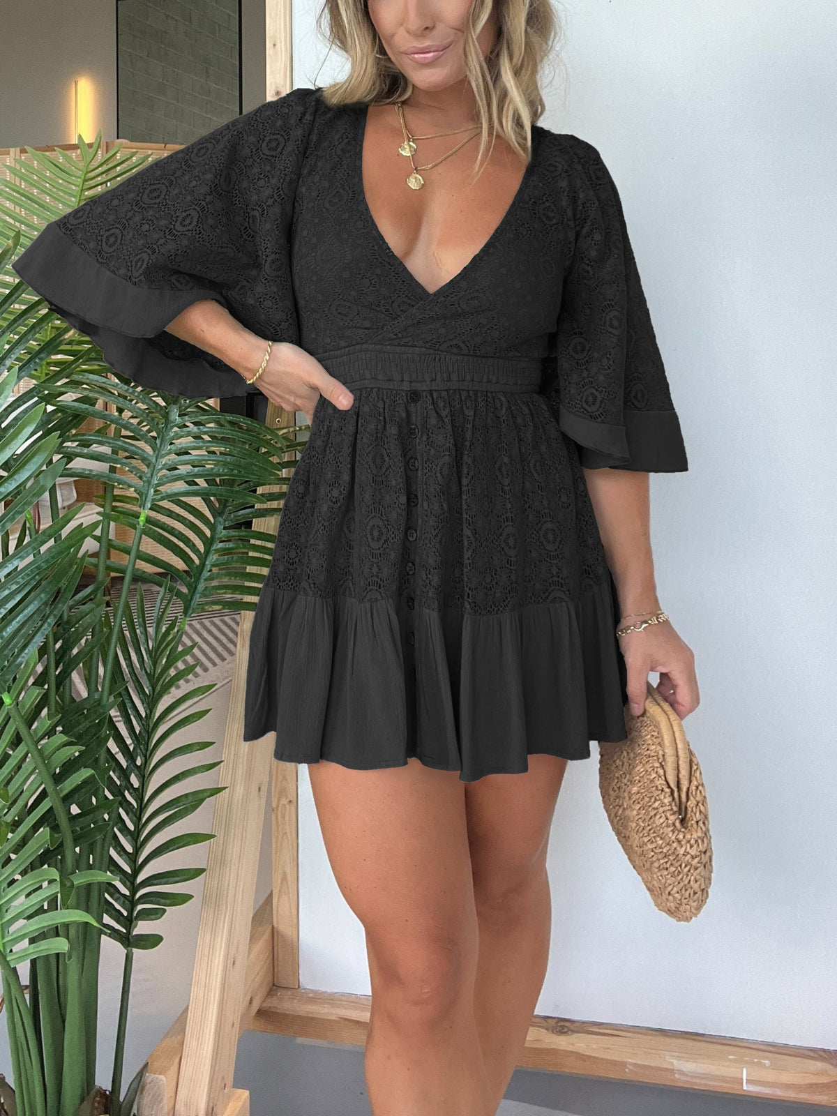 Maru™ summer dress in black, V-neck, tiered short skirt, flared sleeves