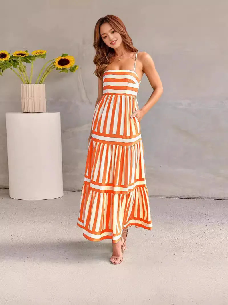 Layla™ orange and white striped tiered maxi dress with spaghetti straps, sleeveless