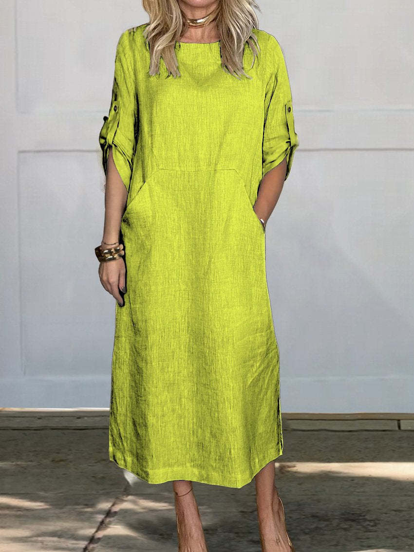 Merel™ summer dress in lime green, loose midi length with short sleeves and crew neckline