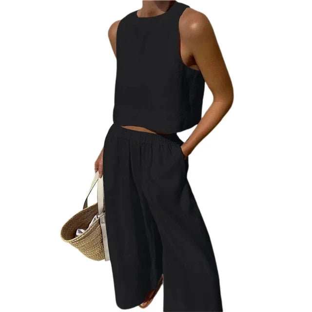 Two-piece sleeveless crop top and wide-leg pants set, black with elastic waist