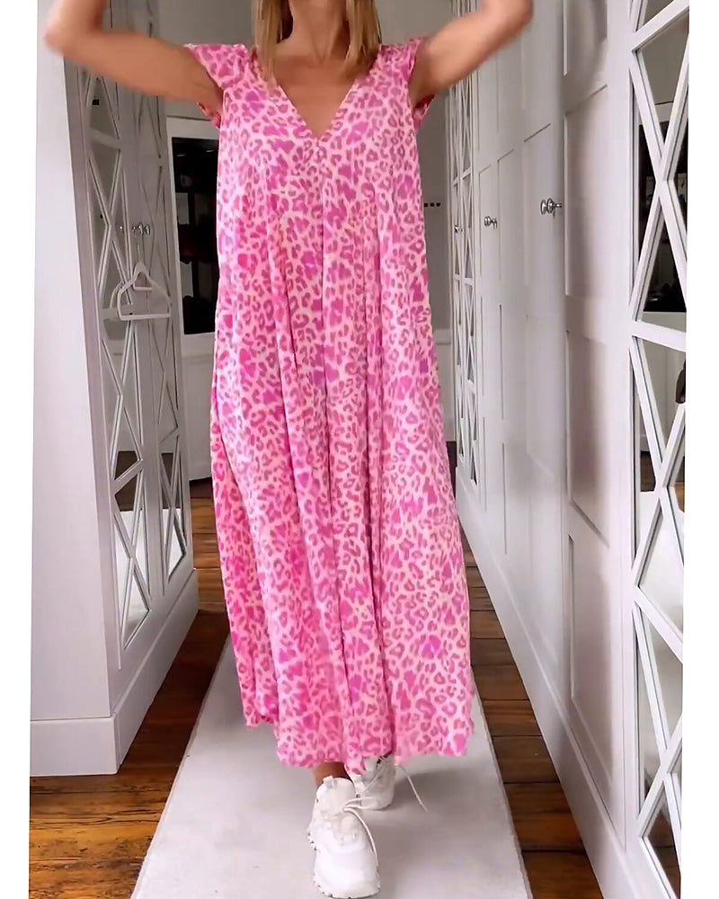 Pink V-neck maxi dress with leopard print, ruffled cap sleeves and tiered skirt