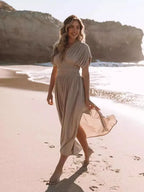 Astrid™ summer dress, light taupe V-neck with puff sleeves and high side slit, gathered