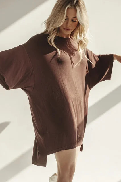 Brown two-piece weekend set with loose long-sleeve top and matching shorts