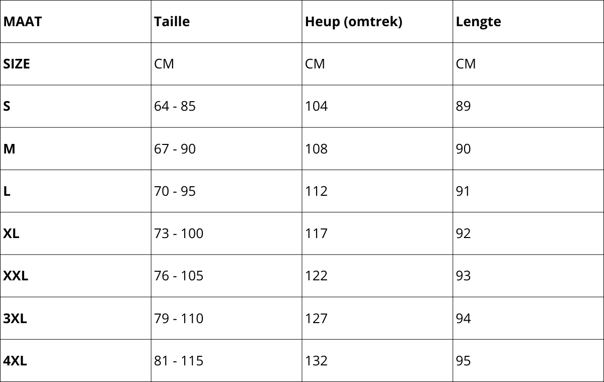 Size chart table for women’s comfort pants: size, waist, height, and length