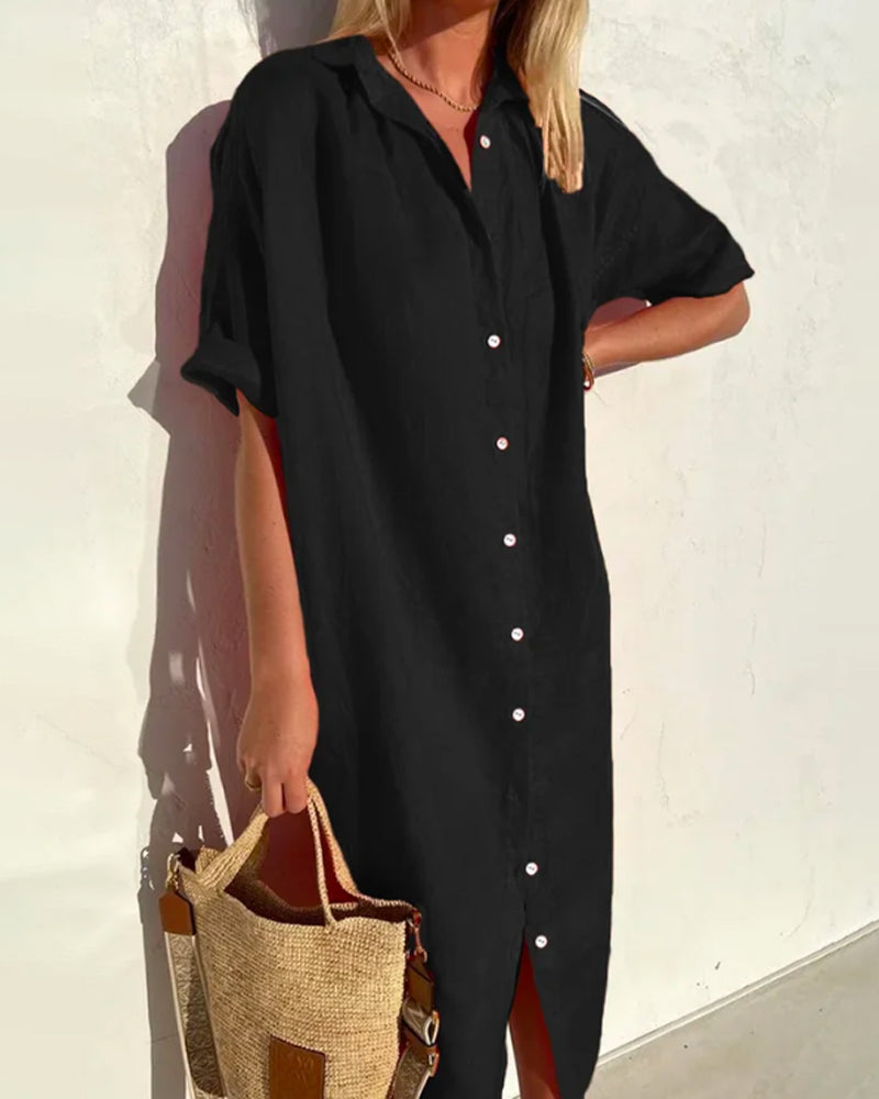 Dinie™ cotton shirt dress, black button-front with short sleeves and V-neck.