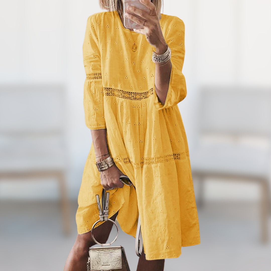 Anneke™ elegant yellow midi dress with three-quarter sleeves and lace-trim tiers