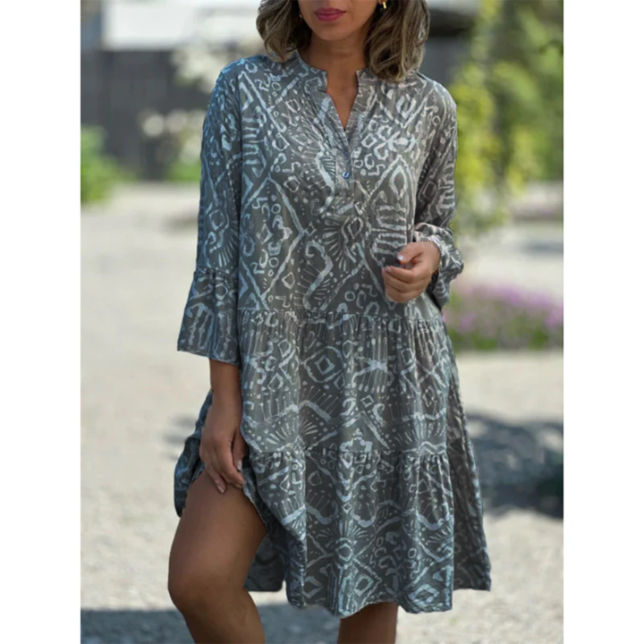 Women's summer dress in charcoal gray with white geometric print and gathered tiered hem
