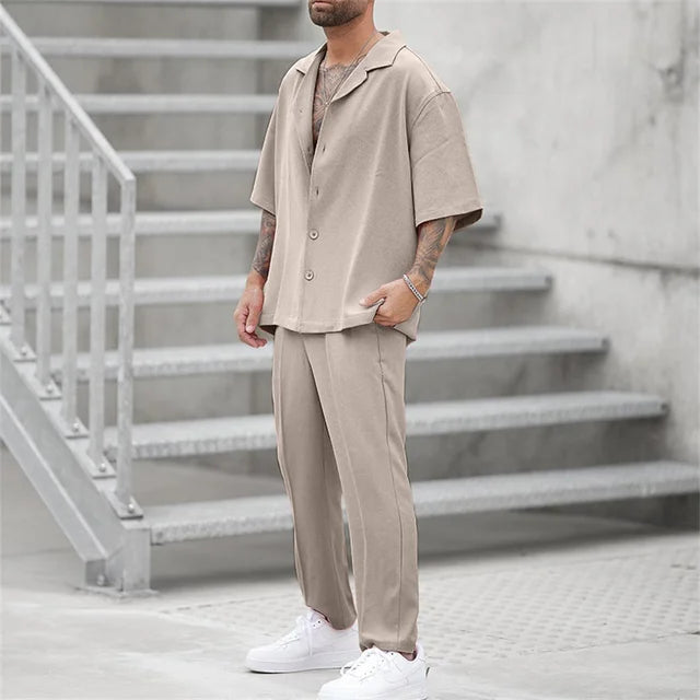 Men's beige linen short-sleeve shirt and matching trousers set with button front