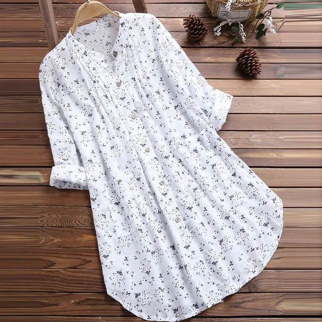 Laura™ elegant dress in white with small dark ditsy floral print, long sleeves