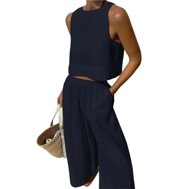 Two-piece sleeveless crop top and wide-leg pants set, navy with elastic waist