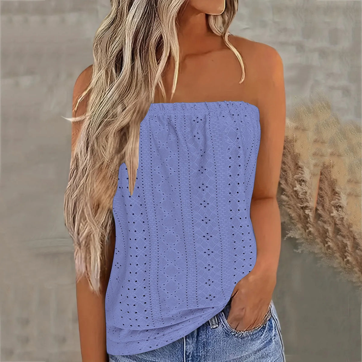 Strapless eyelet summer top in periwinkle blue with lace perforation and trim