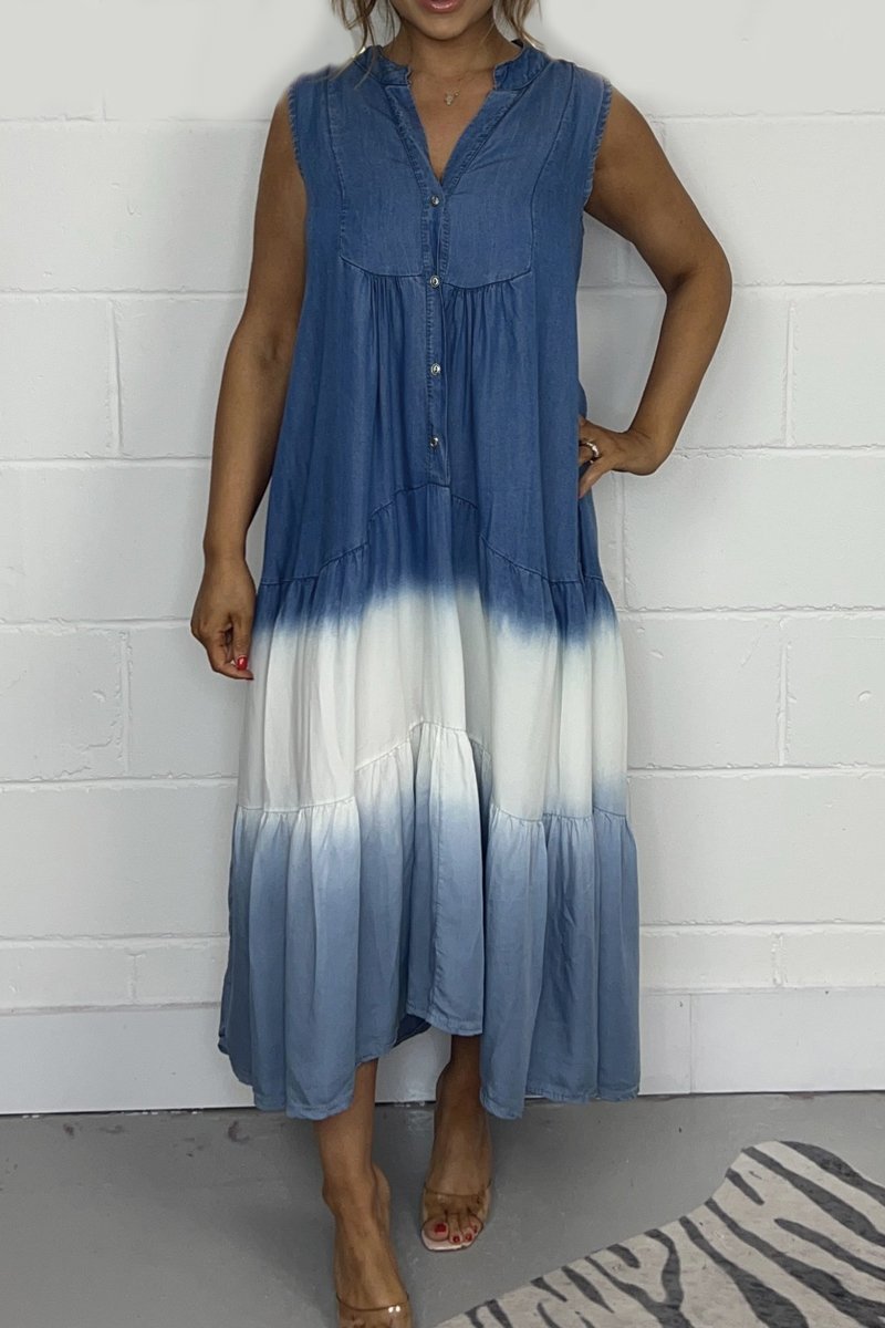 Nina™ summer dress, sleeveless V-neck with button front and blue-white tiered skirt