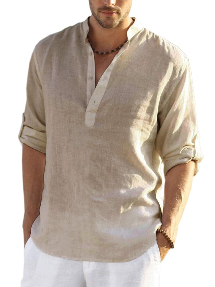 Luciano™ men's polo shirt, light beige-gray with short button placket and open V neckline