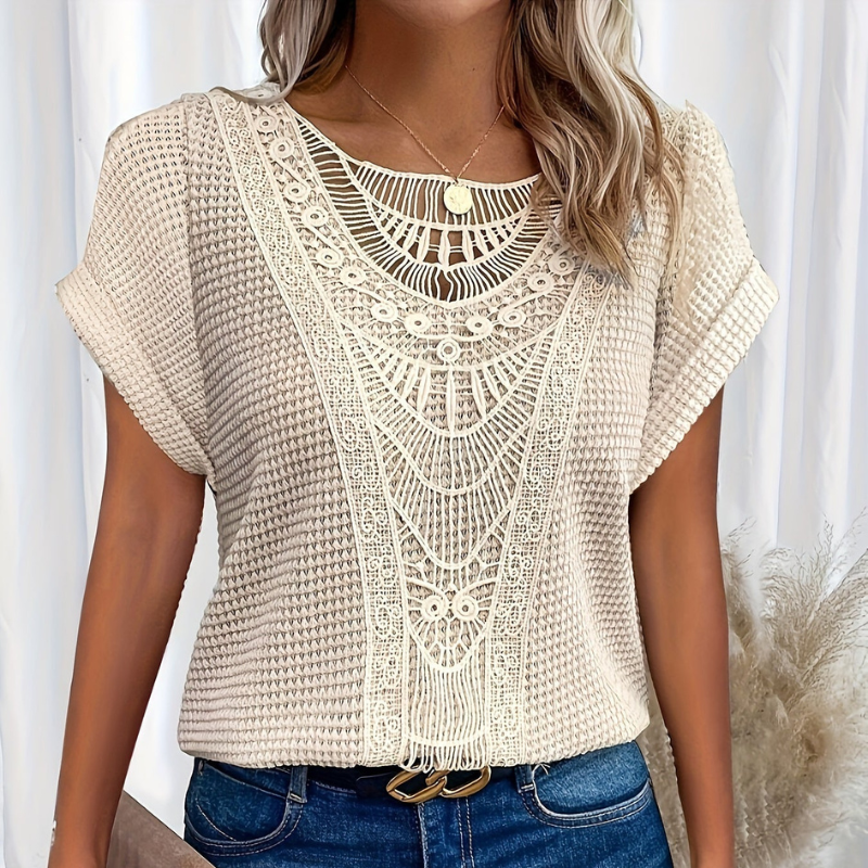 Rosalie™ elegant top in cream with lace-look yoke, short sleeves, round neckline button