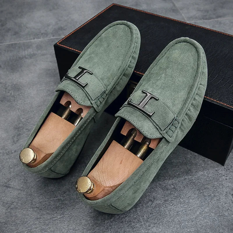 Green suede slip-on instapper loafers with H buckle strap