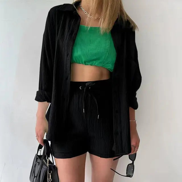 Esra™ Chique co-ord set in black: button-front overshirt and drawstring shorts