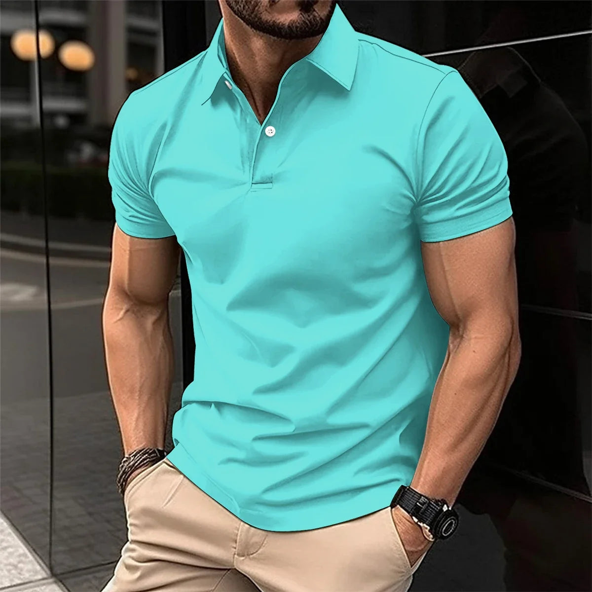 Men's teal polo shirt with collar and short button placket