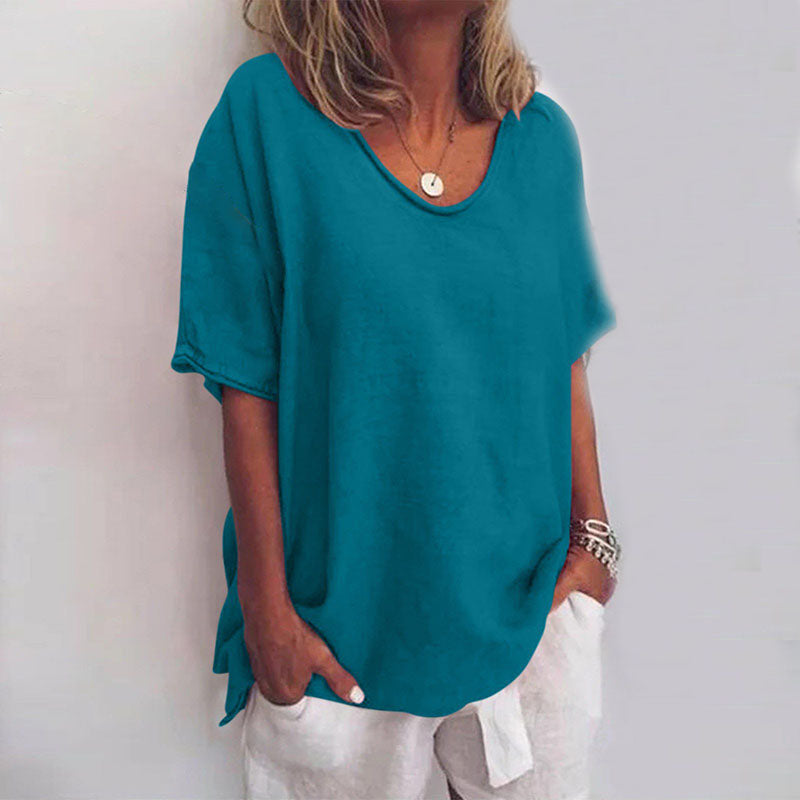 Anna™ loose-fit blouse, short sleeves, scoop neck, teal