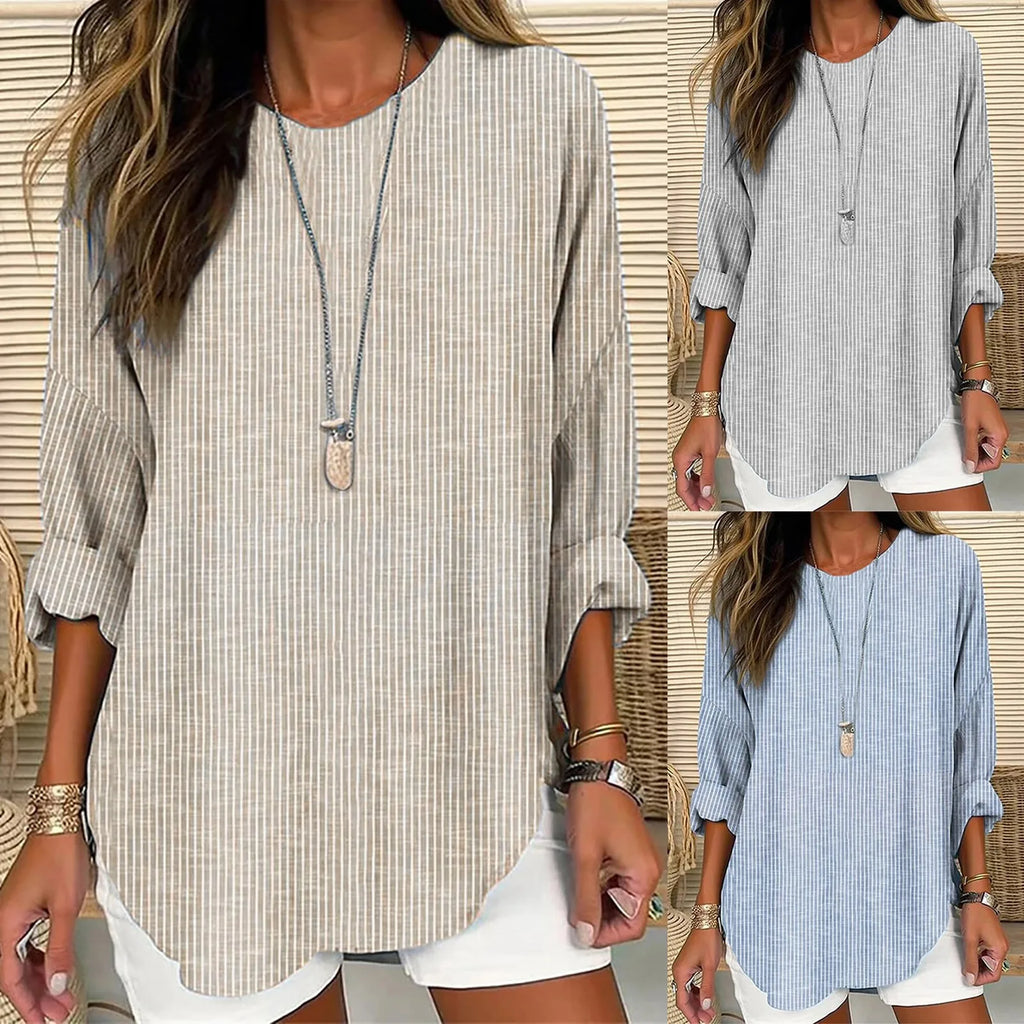 Striped linen tunic top in gray and blue, long sleeves, curved hem