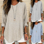 Striped linen tunic top in gray and blue, long sleeves, curved hem