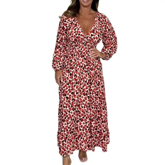 Red and white leopard print long-sleeve V-neck maxi dress with gathered waist