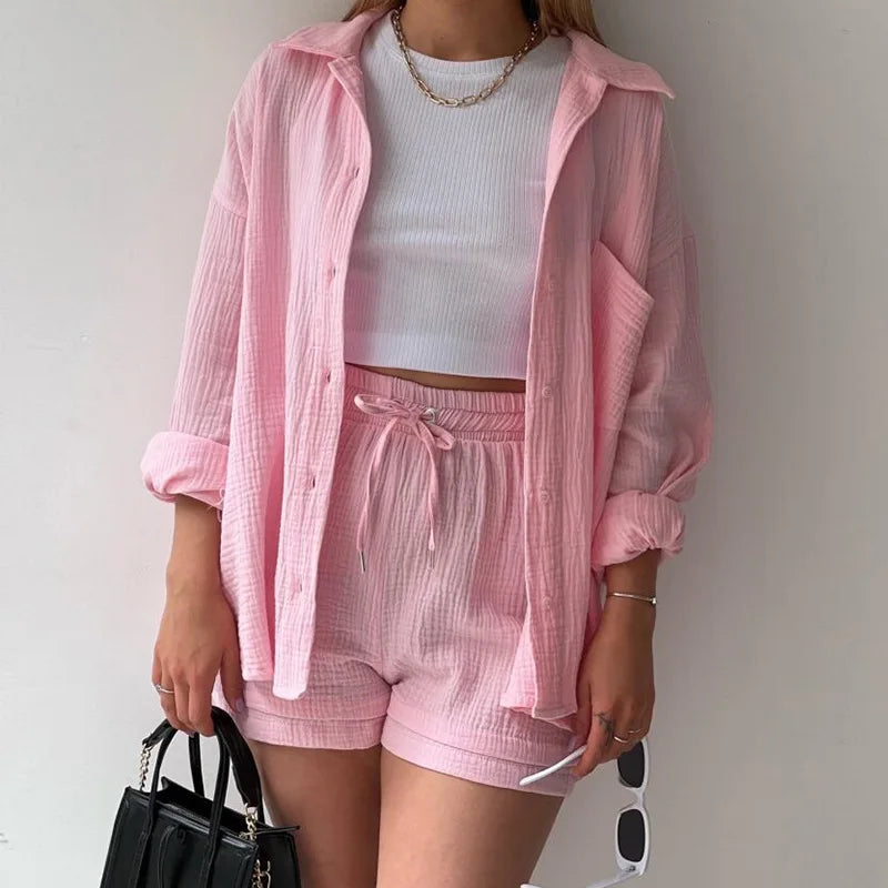 Esra™ Chique co-ord set in light pink: button-front overshirt and drawstring shorts