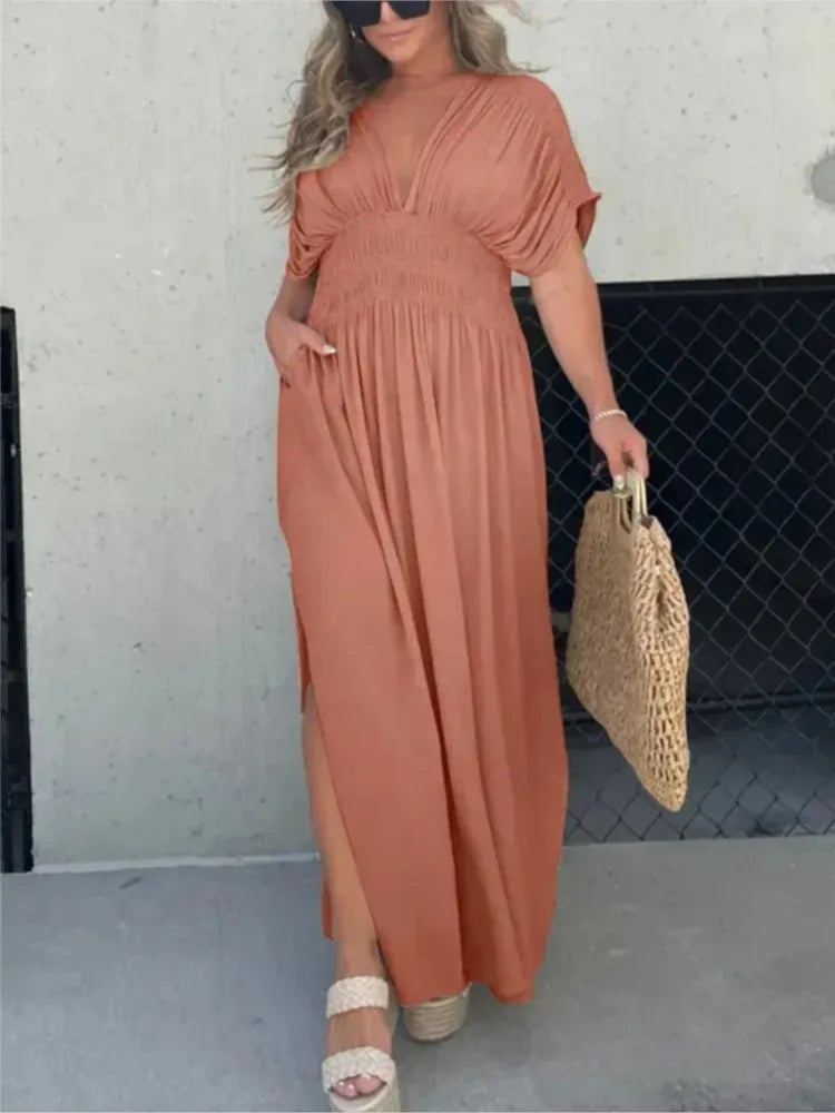 Astrid™ summer dress, dusty rose V-neck with puff sleeves, gathered waist and side slit