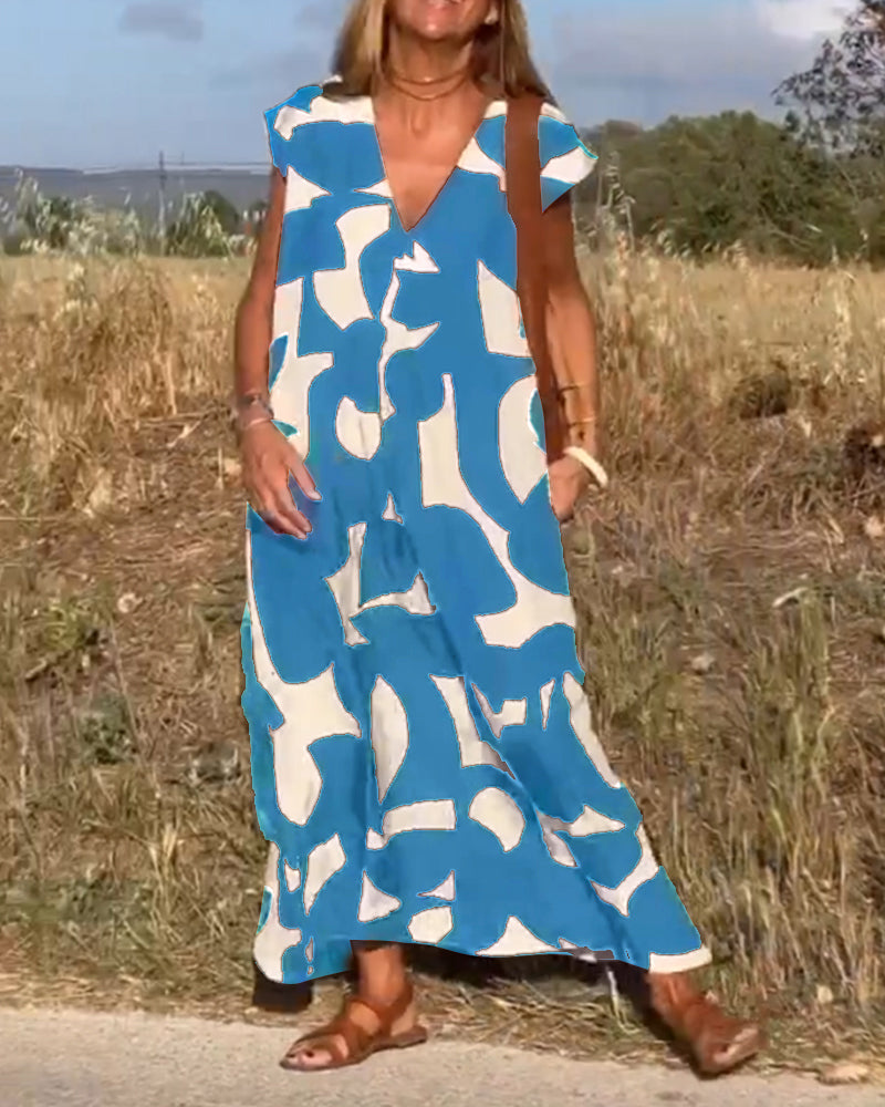 Blue and white printed V-neck cap-sleeve maxi dress