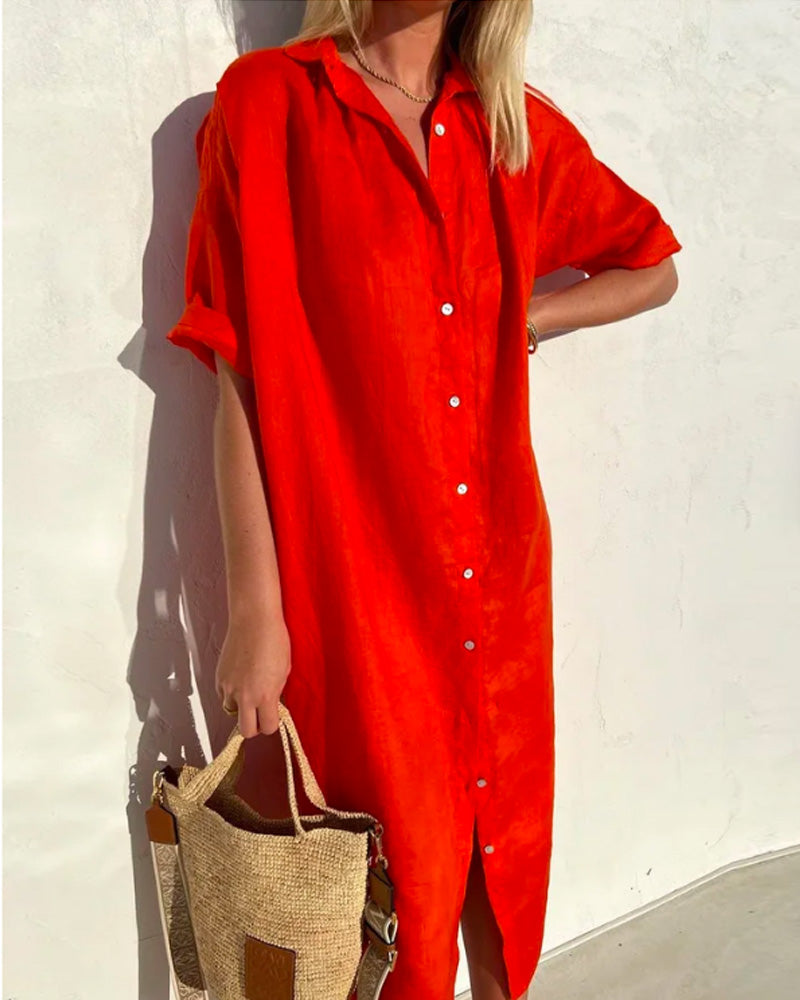 Dinie™ cotton shirt dress, red button-front with short sleeves and V-neck.