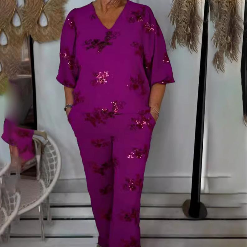 Lynn Comfortable set in vivid purple with silver sequined floral embroidery, V-neck blouse and pants