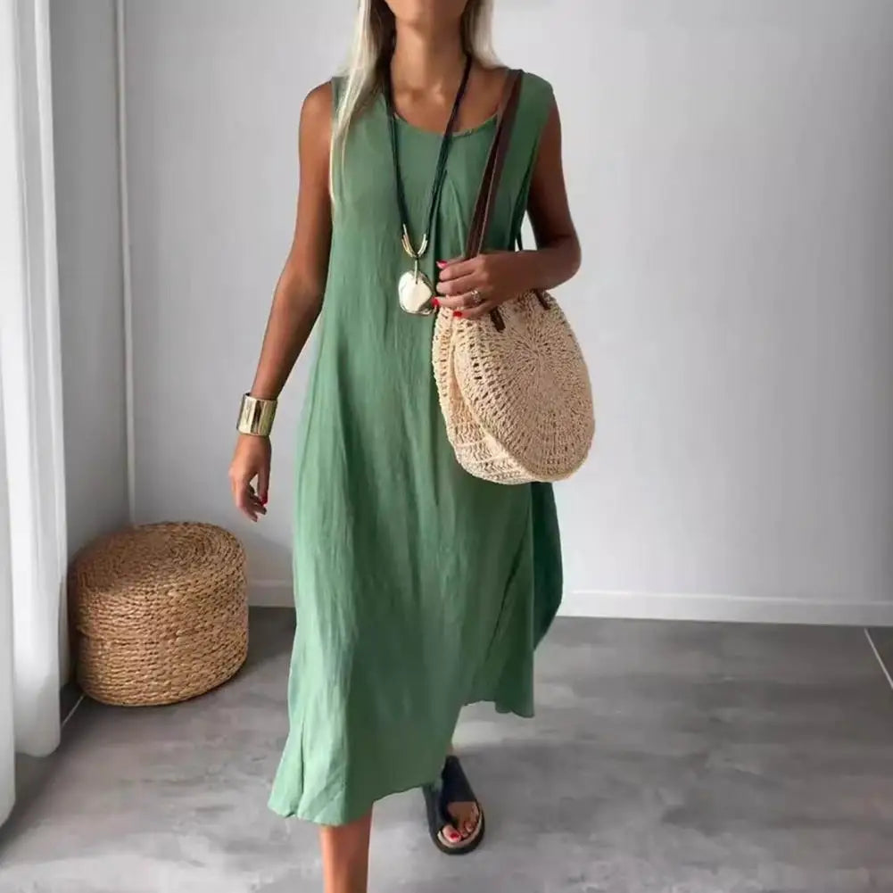 Green sleeveless midi dress, scoop neck with draped A-line skirt