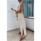 Francesca™ summer dress, sleeveless light beige maxi with spaghetti straps and side slit