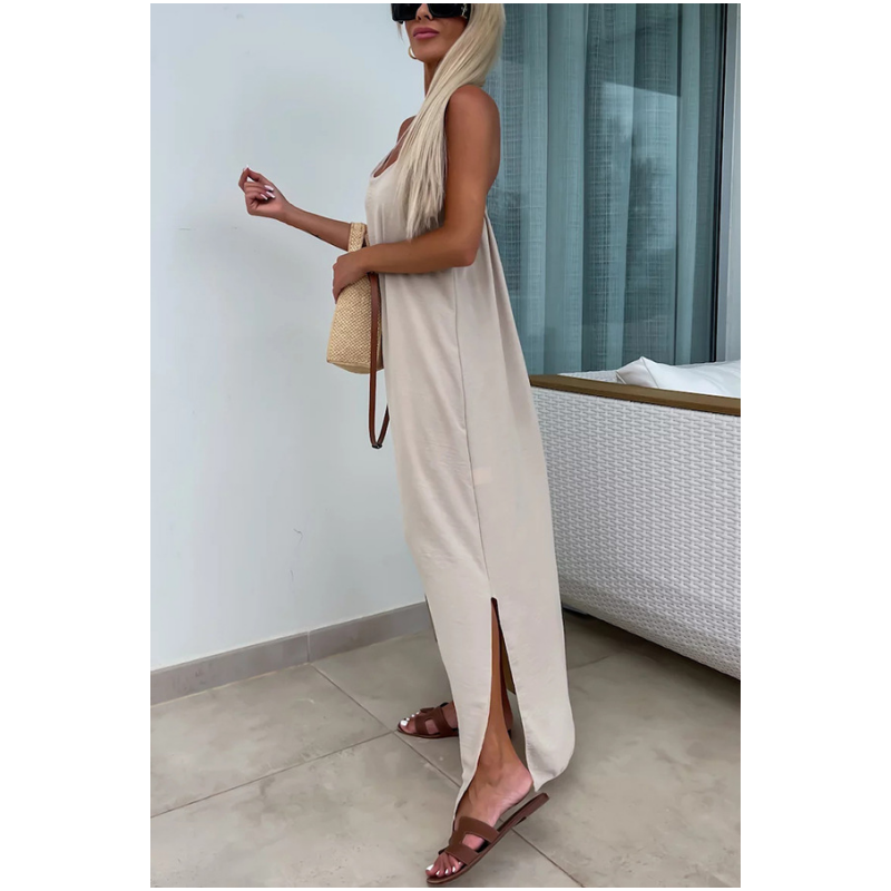 Francesca™ summer dress, sleeveless light beige maxi with spaghetti straps and side slit