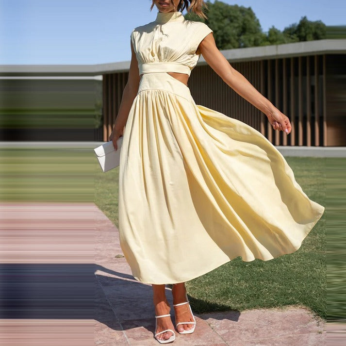 Cream yellow sleeveless midi dress with high neck and gathered full skirt