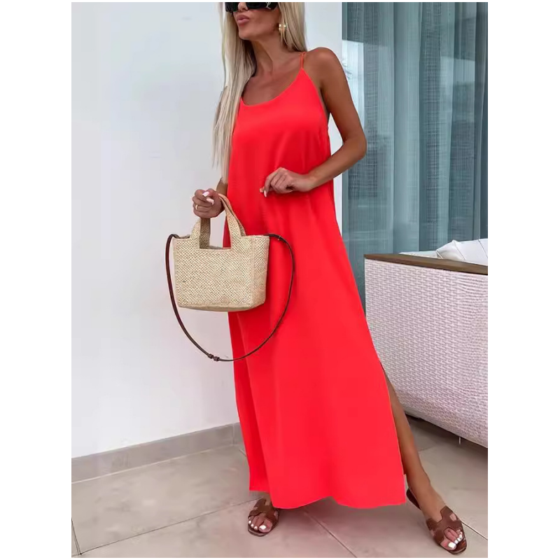 Francesca™ summer dress, sleeveless bright red maxi with spaghetti straps and side slit