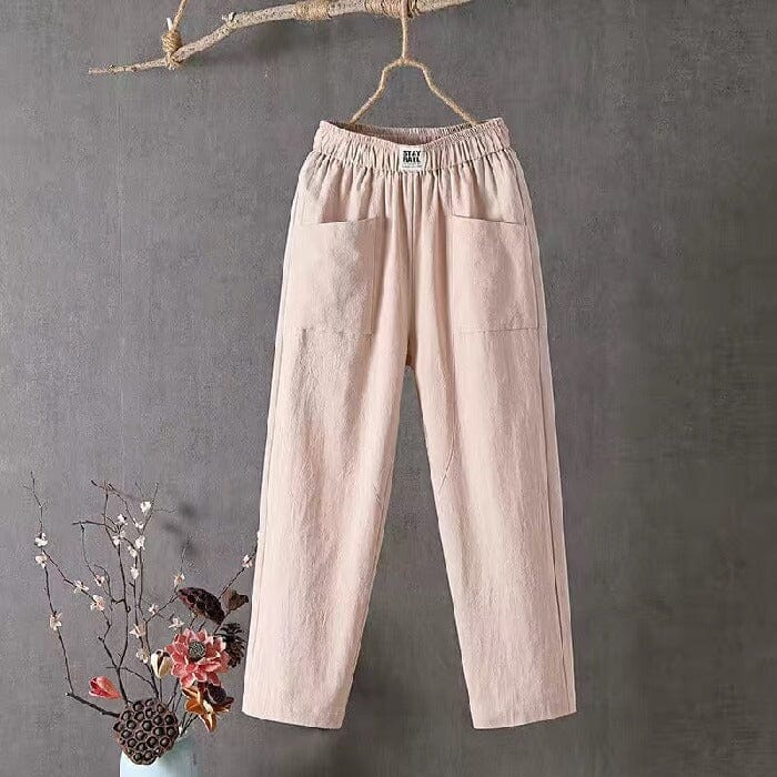 Women’s comfort pants, beige, elastic waist, side pockets