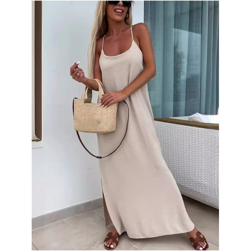 Francesca™ summer dress, sleeveless beige maxi with spaghetti straps and side slit