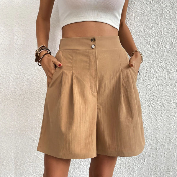 Evelin™ women's beige A-line shorts with button front and side pockets