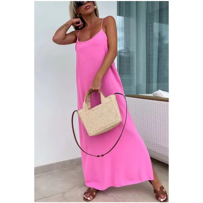 Francesca™ summer dress, sleeveless pink maxi with spaghetti straps and side slit