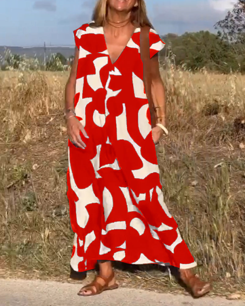 Red and white printed V-neck cap-sleeve maxi dress