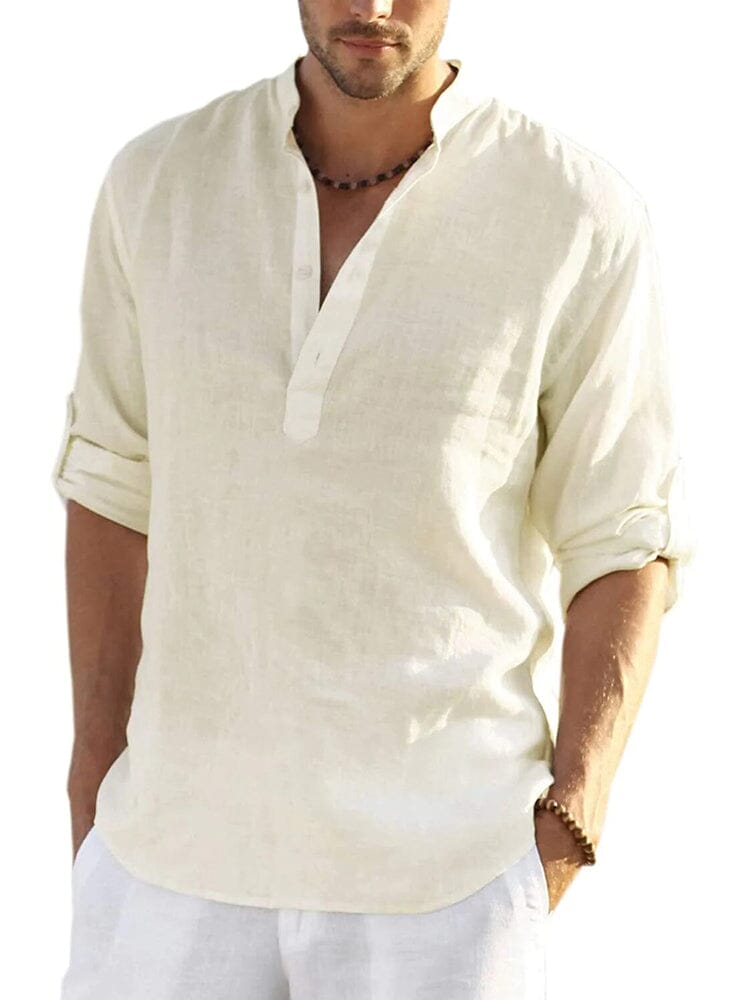 Men's V-neck linen shirt, off-white, 3/4 sleeves and partial button placket