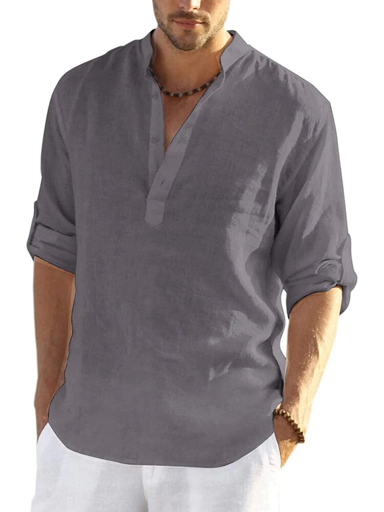 Men's V-neck linen shirt, gray, 3/4 sleeves with partial button placket