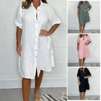 Assorted button-front shirt dress colors: white, green, pink, and black