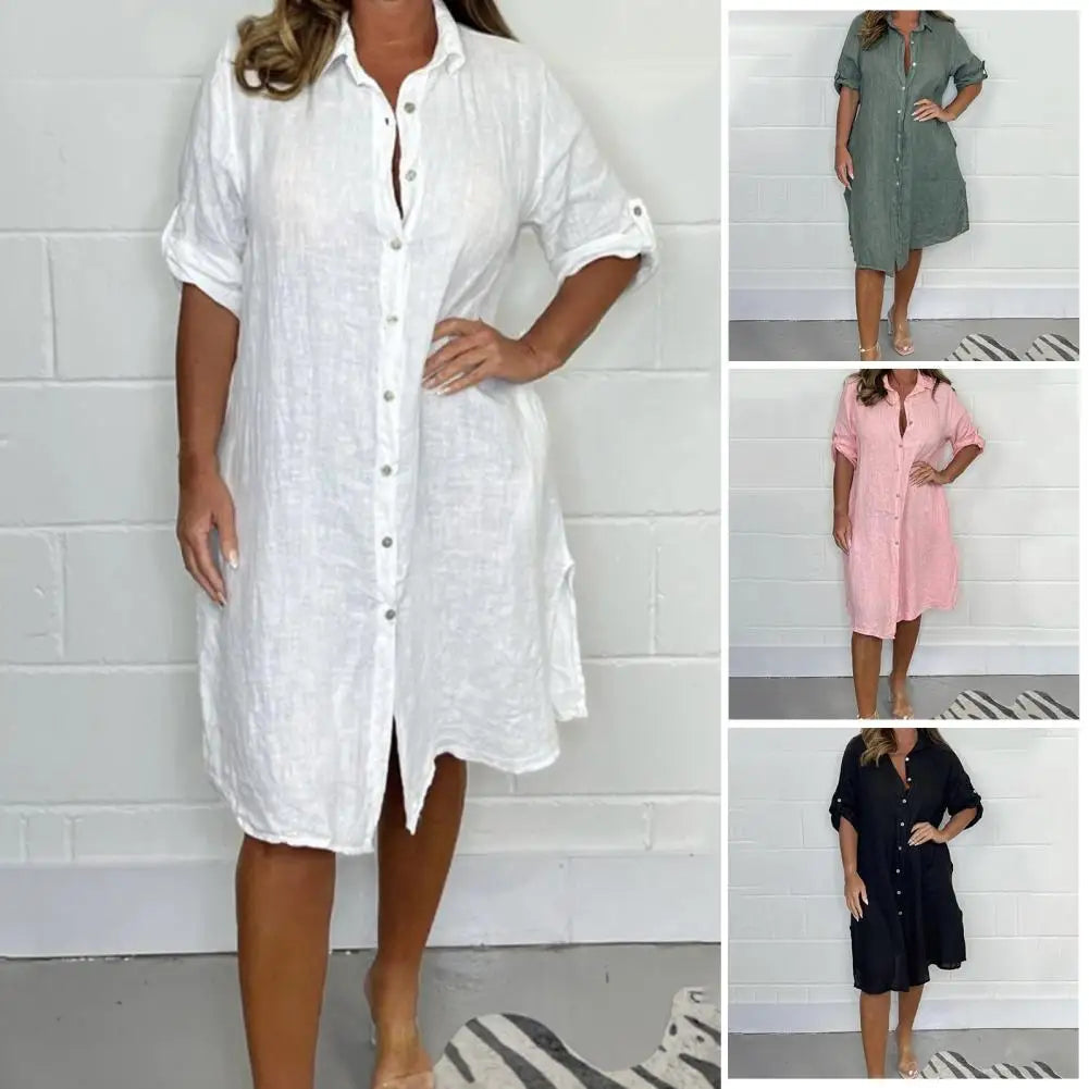 Assorted button-front shirt dress colors: white, green, pink, and black