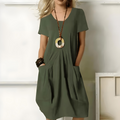 Maryam™ comfort dress, dark green short-sleeve V-neck with gathered skirt
