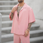 Men's pink linen short-sleeve shirt and trousers set with open collar