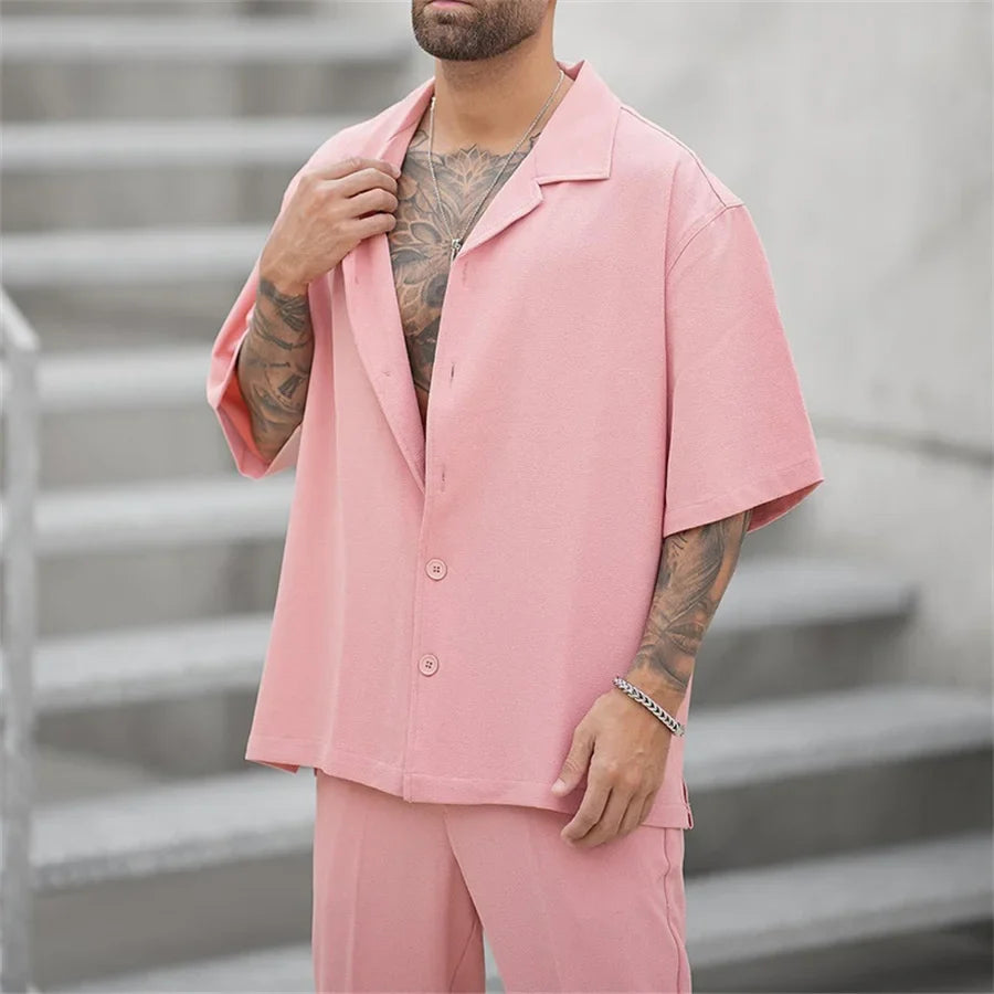 Men's pink linen short-sleeve shirt and trousers set with open collar
